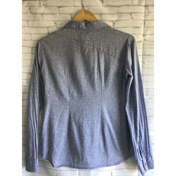 Volcolm Jeans Light Blue White Speckle Polka Dot Pocket Button Down Top Sz Small - Picture 2 of 5